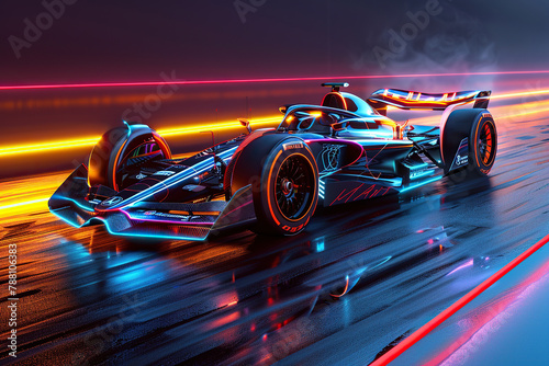 Racing car on the track in neon light with a motion effect. Concept of high speed, auto racing. Generated by artificial intelligence