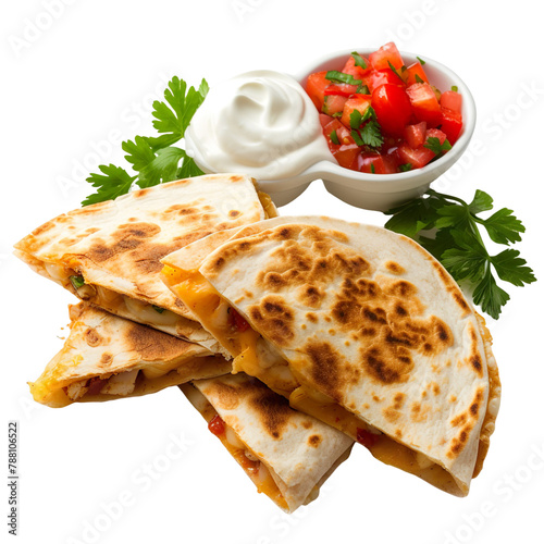 Front view of Quesadillas with Mexican cheese quesadillas, featuring flour tortillas filled with melted cheese and vegetables isolated on white transparent background   photo