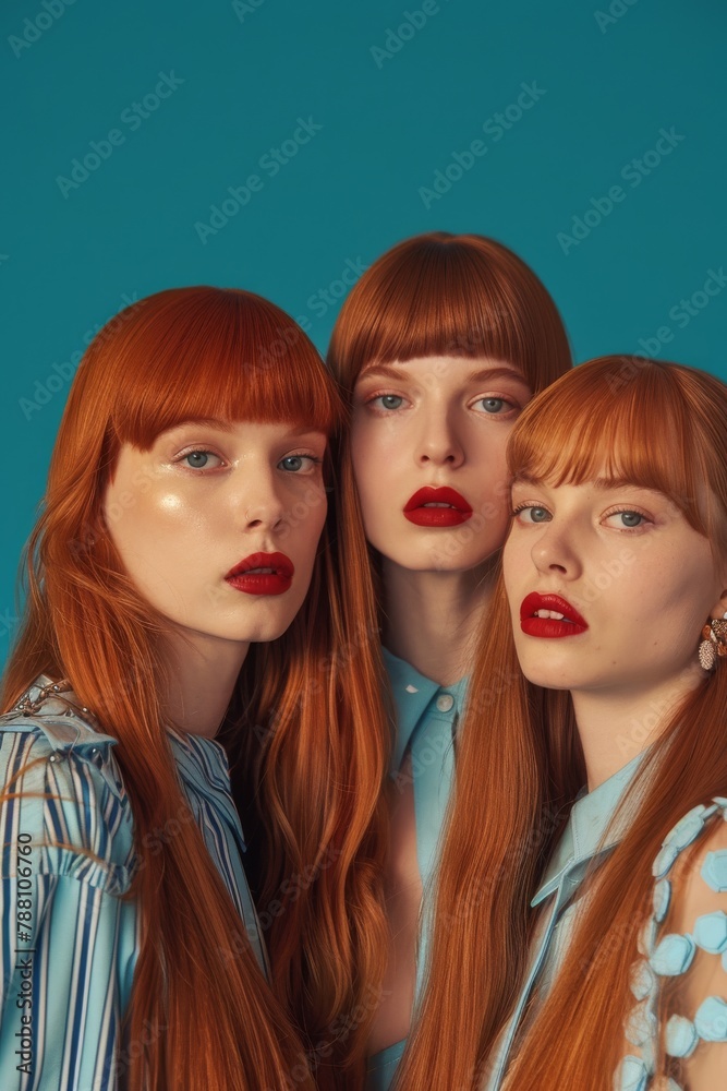 Triplets with striking red hair and matching red lipstick pose closely for a stylized fashion portrait against a teal background Triplets with striking red hair and matching red lipstick pose closely for a stylized fashion portrait against a teal background