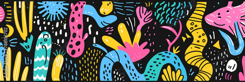 Wallpaper Mural A whimsical scene unfolds with playful abstract shapes in a colorful doodle style, creating a vibrant world of geometric elements.  Torontodigital.ca