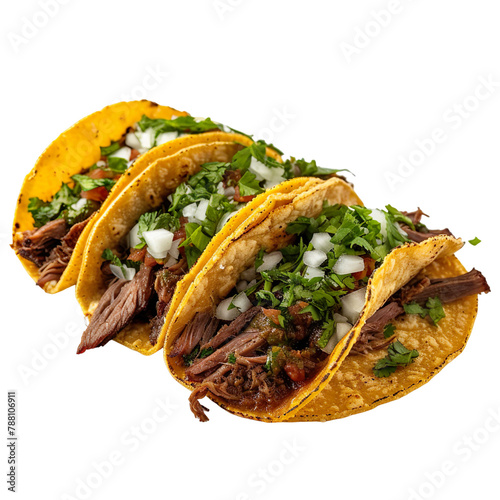 Front view of Tacos de Suadero with Mexican beef brisket tacos, featuring tender and flavorful beef brisket cooked until juicy, isolated on white transparent background photo