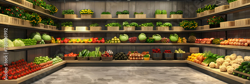 A store with a display of fruits and vegetables, illustration of fresh and colorful, fruit and vegetable section of the supermarket.   © Mohsin