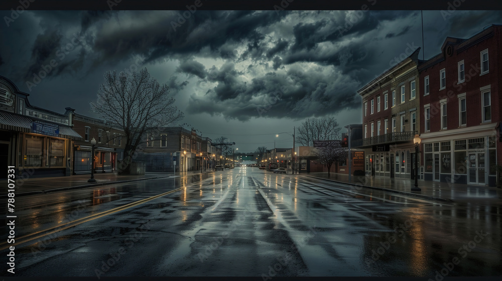 Storm clouds over a small town. Natural disaster engulfs the town Storm clouds over a small town. Natural disaster engulfs the town