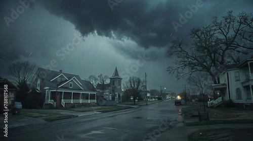 Fototapeta Naklejka Na Ścianę i Meble -  Storm clouds over a small town. Natural disaster engulfs the town