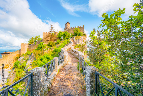 San Marino city view. Fortress on the rock. San Marino landmark. Italy.