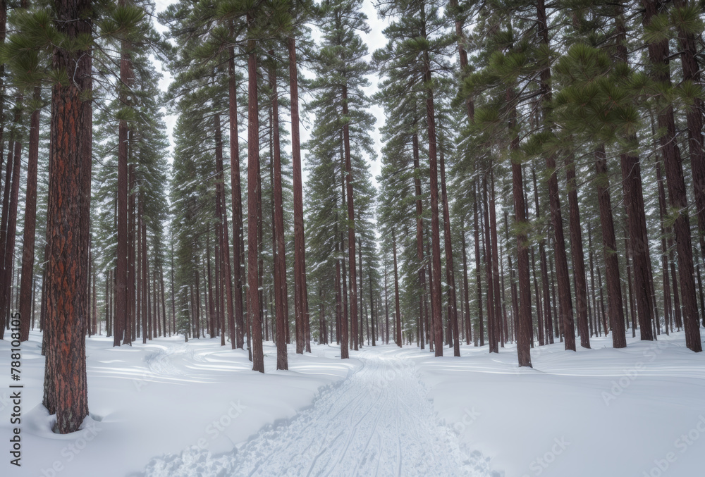 Fototapeta premium Beneath the blanket of snow, a pristine pine forest exudes a sense of timeless elegance, its silent majesty and untouched purity a testament to the enduring beauty of natures winter embrace.. AI