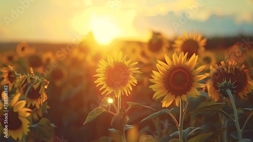 Sunflower field at sunset with space  summer nature background