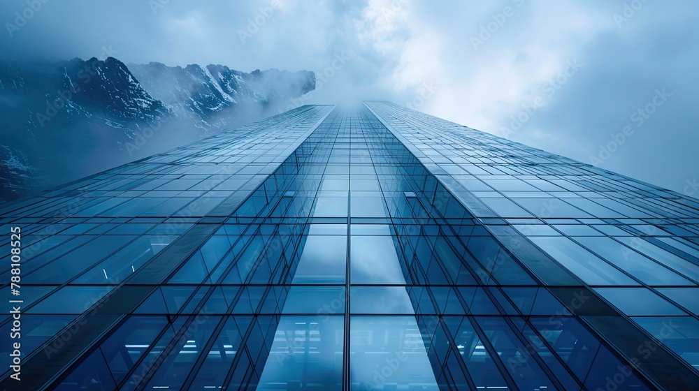 Fototapeta premium Dramatic contrast: Skyscraper against mountain range, showcasing modern architecture and natural beauty