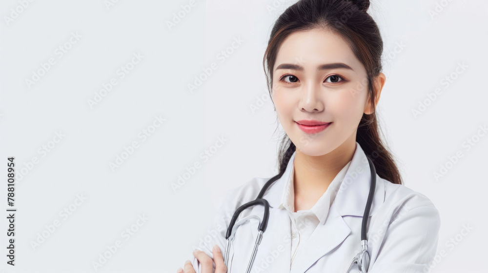 Young friendly smiling Chinese female doctor in hospital with bright face and black hair wearing professional uniform clothes and stethoscope on white background Young friendly smiling Chinese female doctor in hospital with bright face and black hair wearing professional uniform clothes and stethoscope on white background