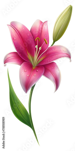 Realistic lily flower flower stalk with a few drops of water. PNG transparent image, AI generative