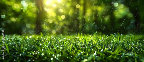 Sunlit Dew Drops on Fresh Green Lawn with Sprinkler. Concept Nature Photography, Morning Light, Refreshing Ambiance, Serene Landscape, Water Drops, Greenery
