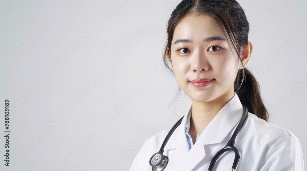 Young friendly smiling Chinese female doctor in hospital with bright face and black hair wearing professional uniform clothes and stethoscope on white background Young friendly smiling Chinese female doctor in hospital with bright face and black hair wearing professional uniform clothes and stethoscope on white background