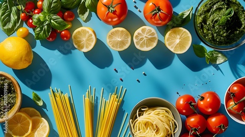 Vibrant Vegan Spaghetti Pesto Dish Captured from Overhead Perspective with Colorful Ingredients and Textures