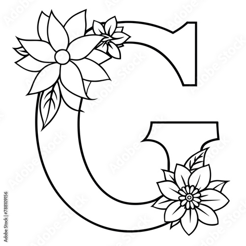 Alphabet G coloring page with the flower, G letter digital outline floral coloring page, ABC coloring page