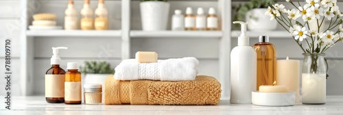 Luxurious spa essentials toiletries, soap, towel on soft white bathroom background