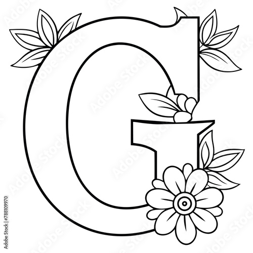 Alphabet G coloring page with the flower, G letter digital outline floral coloring page, ABC coloring page