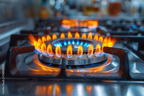 This detailed image showcases two gas stove burners with striking blue and orange flames, representing the power of fire