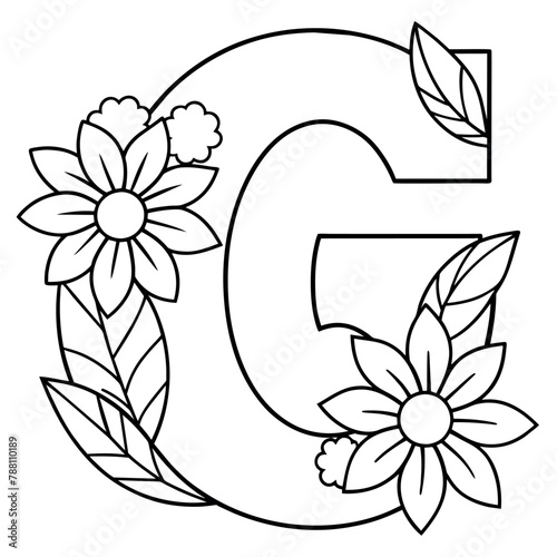 Alphabet G coloring page with the flower, G letter digital outline floral coloring page, ABC coloring page