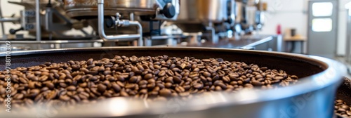Aromatic coffee beans roasting on modern machine, perfect for espresso lovers seeking rich flavors photo