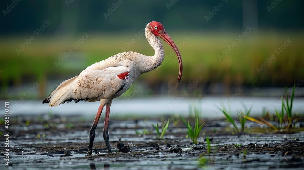 A long-legged bird wading in the mud of an open marshland, its head gracefully curved as it peeks for food. - obrazy, fototapety, plakaty 