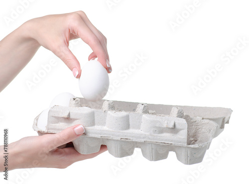 Box of chicken eggs in hand isolation
