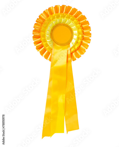 Yellow award ribbon on white background isolation