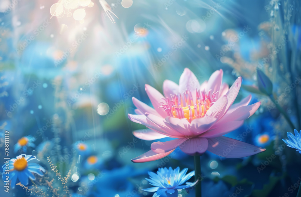 Flowers, petals and nature with art and plants with wallpaper and graphic design with lens flare and growth. Empty, creativity and decoration with texture or spring with sunshine or bloom with leaves