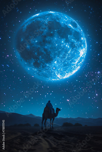 Islamic New Year and Eid Al-Adha theme with silhouette of person on camel against giant blue full moon at clear night in Sahara desert
