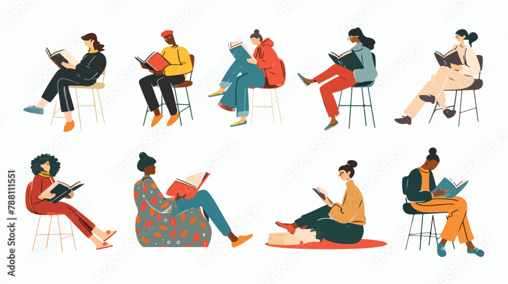 People reading books set. Students men and women read