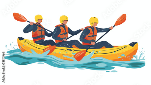 People rowing with paddles in kayak. Men in helmets 