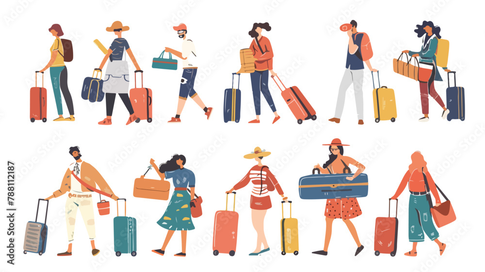 People travel with suitcases. Passenger characters 