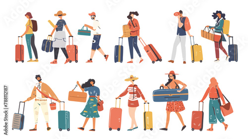 People travel with suitcases. Passenger characters 