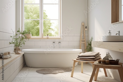 Scandinavian Serenity  Minimalist White Tiled Bathroom Under Natural Light