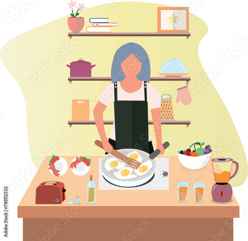 Cooking breakfast. A young woman is cooking scrambled eggs. A healthy breakfast. Vector illustration