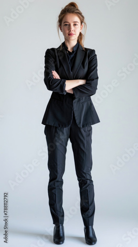 Professional Confident middle-aged businesswoman female model in black suit with arms crossed standing isolated on white background