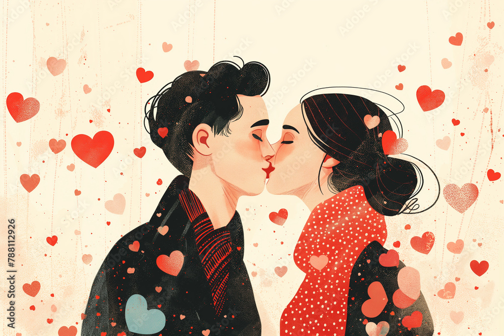 Artistic rendering of a loving couple kissing surrounded by whimsical heart-shaped flowers Artistic rendering of a loving couple kissing surrounded by whimsical heart-shaped flowers