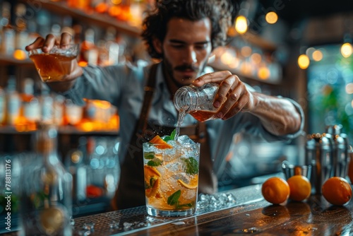 Bartender attentively preparing a garnished citrus cocktail with precision and flair