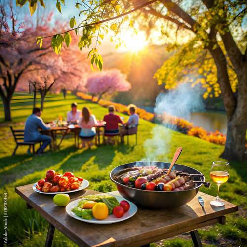 Group of friends having party outdoors. Focus on barbecue grill with food.