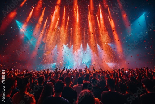 Revelers are immersed in a vibrant light show with dynamic stage effects, amplifying the concert experience photo