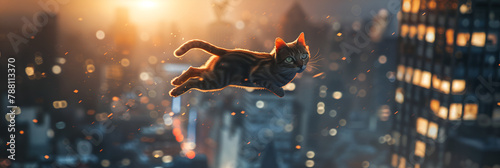 Funny brave cat whisker jumping building to building at sunset funny comic illustration. 
