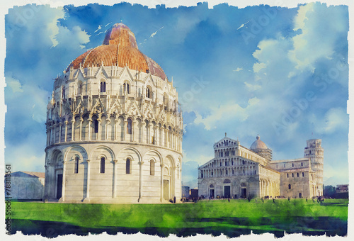 Baptistery, Duomo Cathedral and Leaning Tower in Pisa, Italy. Watercolour painting.