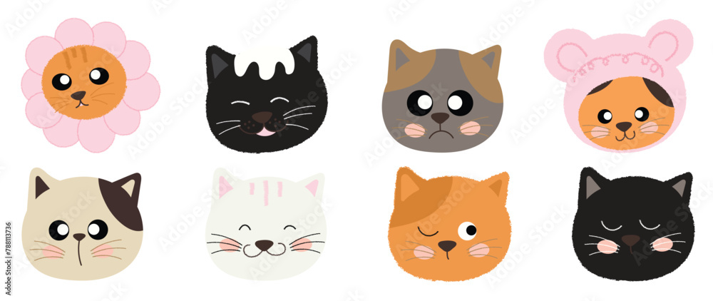 Cute and smile cat heads doodle vector set. Comic happy cat faces character design of different cat breed with flat color isolated on white background. Design illustration for sticker, comic, clipart.