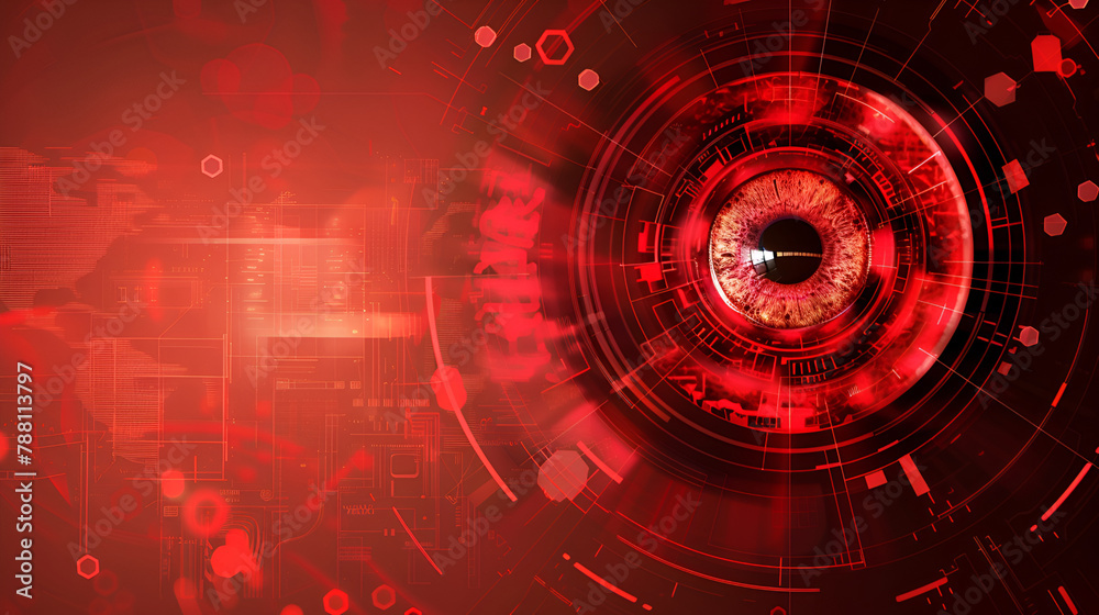 Close-up of a Human red Eye Surrounded by Futuristic Cyberspace Elements, Depicting Advanced Cyber Technology and Vision Enhancement ,Eye viewing digital information. Conceptual image.
