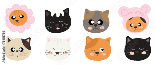 Fototapeta Naklejka Na Ścianę i Meble -  Cute and smile cat heads doodle vector set. Comic happy cat faces character design of different cat breed with flat color isolated on white background. Design illustration for sticker, comic, clipart.