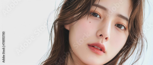 face of a cute young woman Korean Fashion model with beautiful moist skin and natural makeup isolated on white background