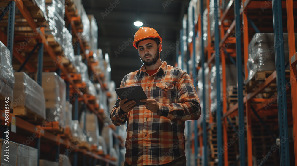 A warehouse worker checking the list on a tablet in a warehouse.