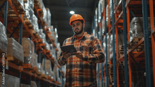 A warehouse worker checking the list on a tablet in a warehouse.