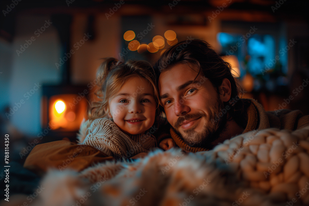 A man and a little girl are cuddling on a sofa A man and a little girl are cuddling on a sofa