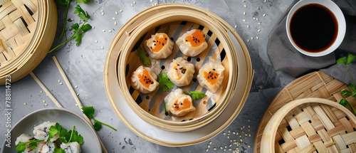 Top view of Chinese food dim sum dumplings dimsum with bamboo container and cup filled with soy sauce and some chopsticks on gray stone table created with Generative AI Technology photo
