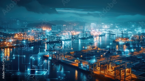 Overlooking coastal ports  big data  smart city  lighting effects  X-ray style  light blue and white  black background  add some data transfer icons in the background. Generative AI.